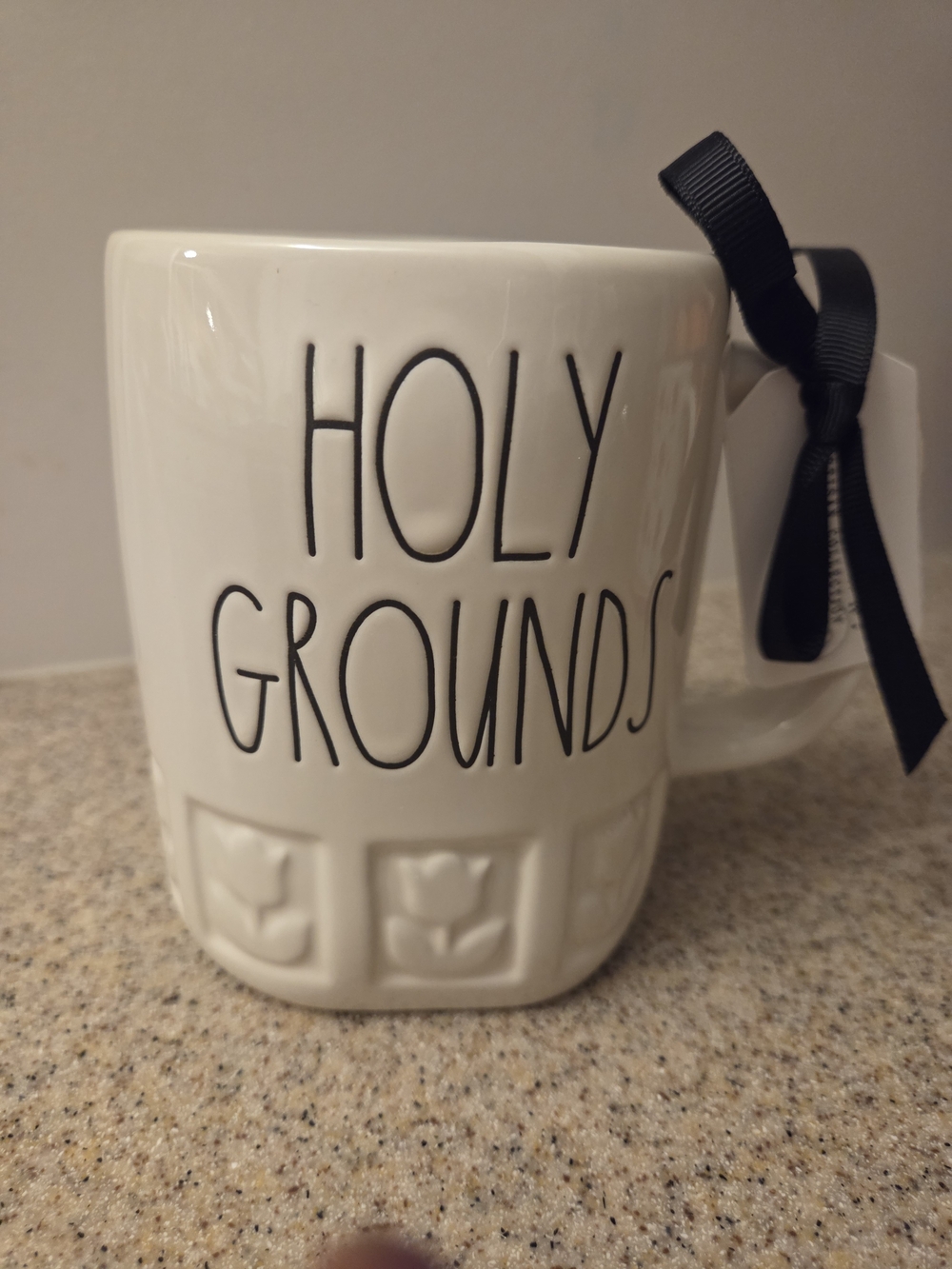 Rae Dunn White "HOLY GROUNDS" Ceramic Mug with Black Lettering